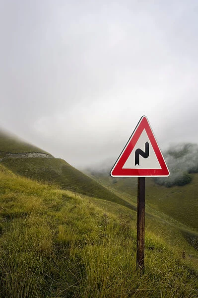 Street sign on the way to the Forca di Presta pass, Monte Sibillini, Apennines Mountains, Marche, Italy, Europe