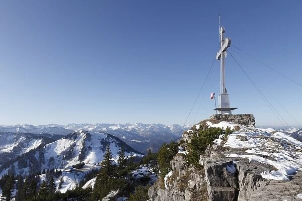 Summit of Mt Wallberg, Mt Setzberg, left, Mangfall mountains, Upper Bavaria, Bavaria, Germany, Europe, PublicGround