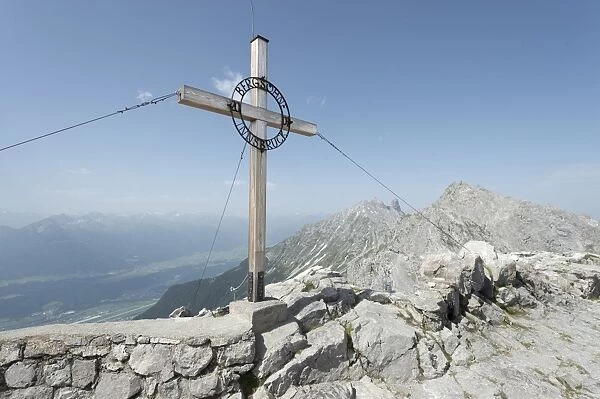 Summit with summit cross on Mt Hafelekarspitze, Innsbruck, Tyrol, Austria, Europe