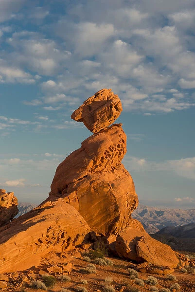 Sunset on Balancing Rock with clouds in background, Valley of Fire State Park, Nevada, USA