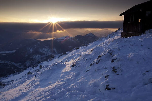 Sunset on Benediktenwand mountain in winter, Benediktbeuern, Bavaria, Germany, Europe