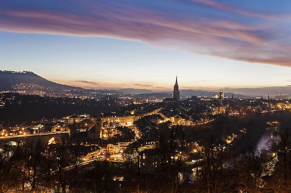 Switzerland, Bern-Mittelland, Bern, Old town at sunset
