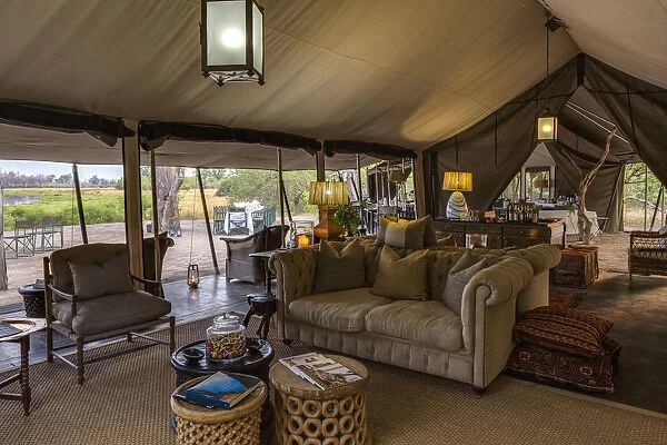 Tented lounge area of luxury Machaba Camp, Okavango Delta, Botswana