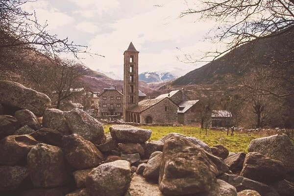 The Vall de Boi romanesque architecture with tall church and beautiful landscape in the Catalan Pyrenees