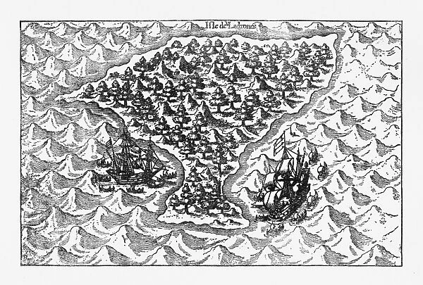 Van Noort Sailing the Marianne Islands, Engraving 1600