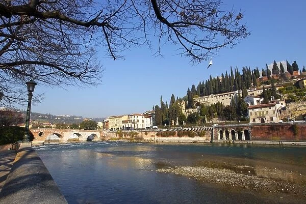 Verona view of the roman Ponte Pietra bridge and Adige River