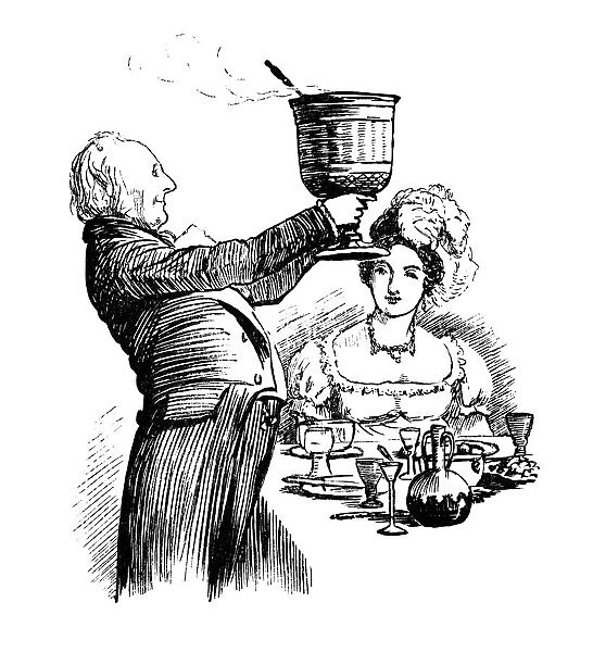 Victorian man lifting a Wassail Bowl