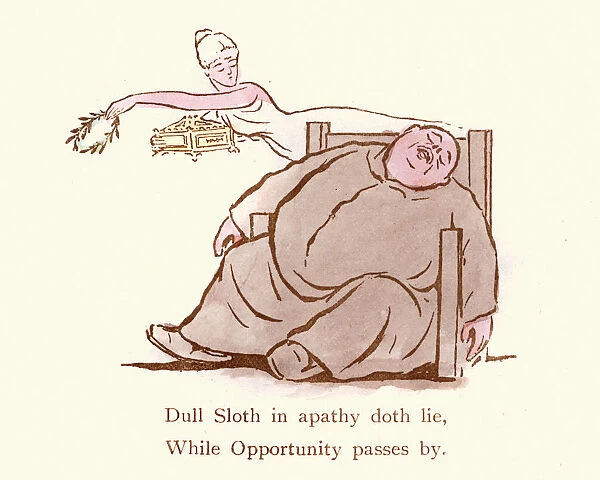 Victorian satirical cartoon, sloth in apathy While Opportunity passes by