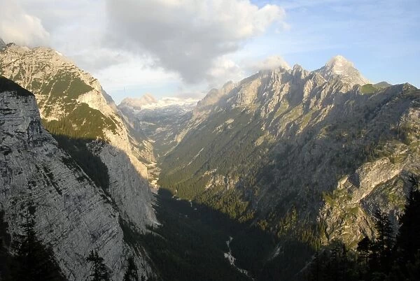 View of a mountain valley, Reintal valley with the Partnach mountain river, Mt. Zugspitze, Mt. Alpspitze, Wettersteingebirge mountain range, Upper Bavaria, Bavaria, Germany, Europe