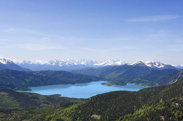 View from Mt Hirschkopfhoernl to Walchensee Lake and the Wetterstein range, Jachenau, Toelzer Land region, Isarwinkel region, Upper Bavaria, Bavaria, Germany, Europe, PublicGround