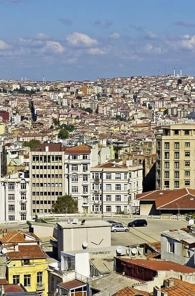 View over the rooftops of Besiktas and Beyoglu towards the Bosphorus, as seen from the Galata Tower, Kuelesi, Istanbul, Turkey