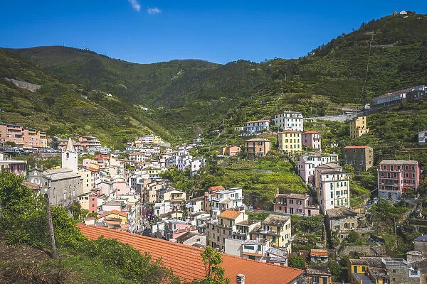 The village of Riomaggiore from the top of the hill, Liguria. Italy