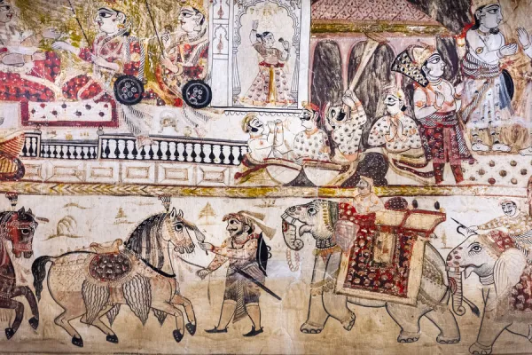 Wall painting mural of court life at Lakshminarayan temple in Orchha, Tikamgarh, Madhya Pradesh