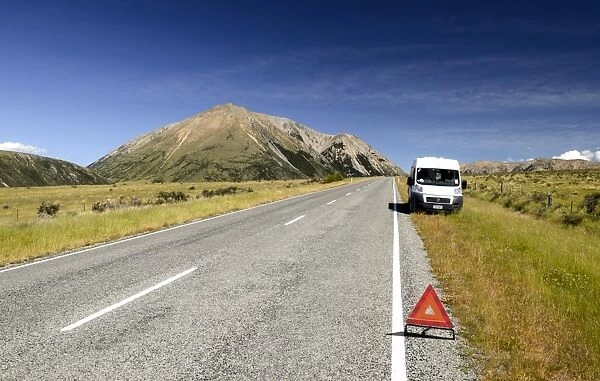 White van parked on the roadside, breakdown triangle, breakdown, Craigieburn Range, Canterbury, South Island, New Zealand, Oceania