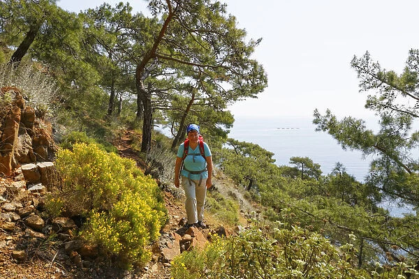 Woman with backpack hiking, Lycian Way, Lycian Coast, Olimpos Beydaglari National Park, Cirali, Lycia, Province of Antalya, Turkey