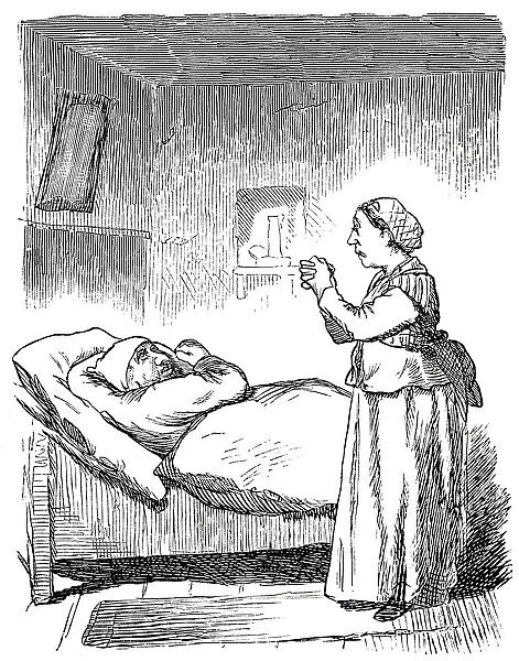 Woman in sleeping room, talking to her husband in bed