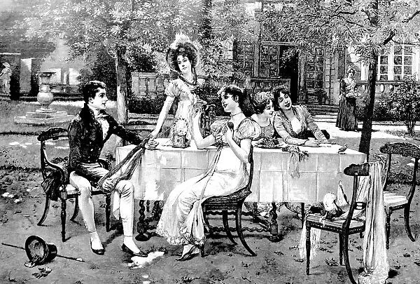 Young man sitting at restaurant table outdoor flirting with 4 young women