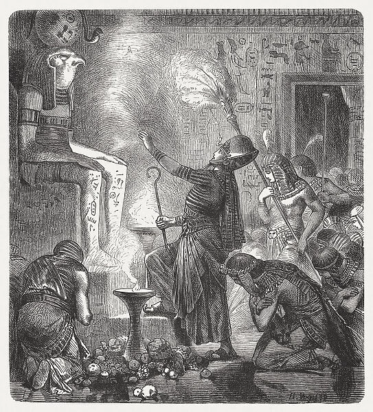 The young Pharaoh in the temple, wood engraving, published 1880