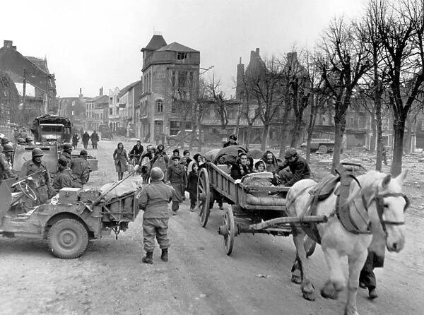 Bastogne Belgium Horse-drawn carts with civilians