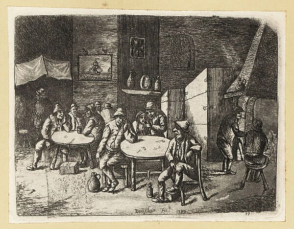 17th century Dutch tavern scene, with many peasants drinking, 1803 (engraving)