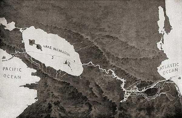 An 1870 map showing the proposed route of the The Nicaraguan Canal, a planned shipping route through Nicaragua to connect the Caribbean Sea, and therefore the Atlantic Ocean, with the Pacific Ocean