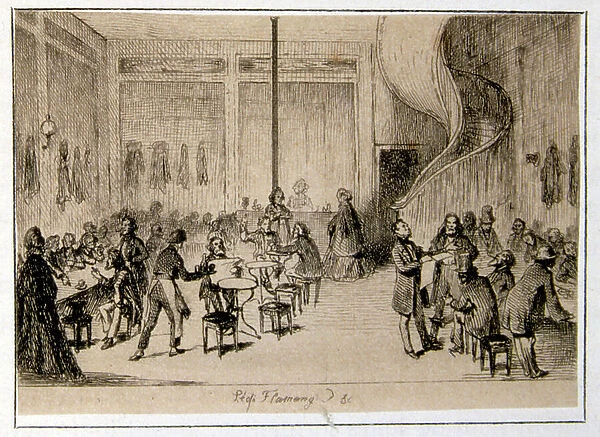 19th century cartoon of a French restaurant or cafe