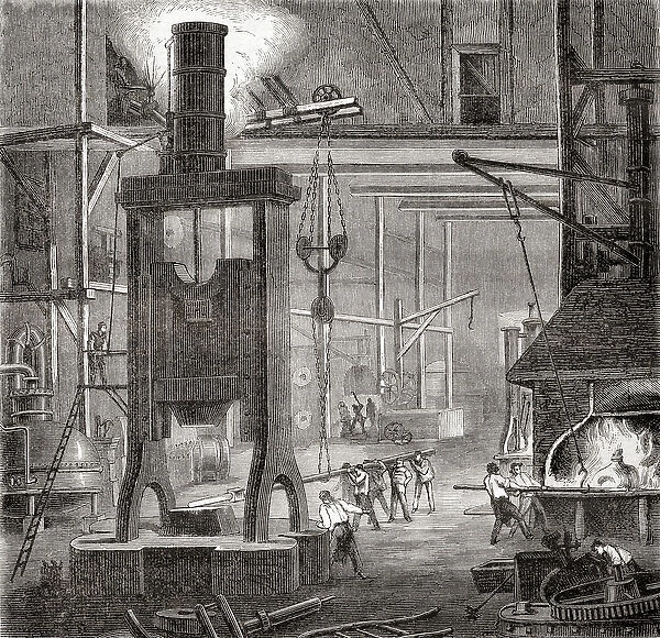 A 19th century steam hammer or drop hammer, from Les Merveilles de la Science, pub. 1870