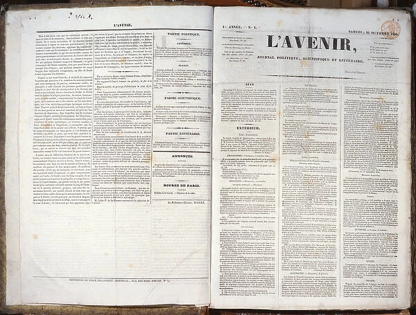 1st Issue of the Journal L Avenir, 16th November, 1830 (printed paper)