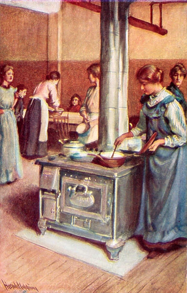 'A group of bustling housewives, 'the kitchen of the Winnipeg Immigration Hall (colour litho)
