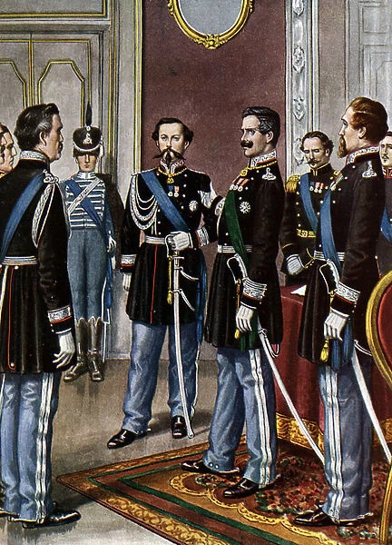 The Abdication of King Charles-Albert of Sardinia (Carlo Alberto di Savoia) (1798-1849) on behalf of his son Victor Emmanuel (Vittorio Emanuele II) (1820-1878)