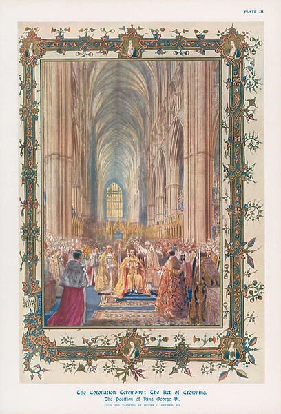 The act of crowning during the ceremony of the Coronation of King George VI in Westminster Abbey, London (colour litho)