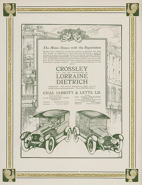 Advertisement for Charles Jarrott & Letts, Ltd, dealers in Crossley and Lorraine-Dietrich cars, London (colour litho)
