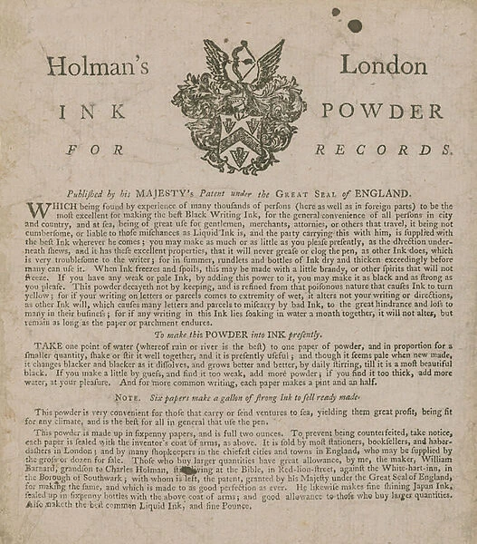 Advertisement for Holmans London Ink Powder for Records (engraving)