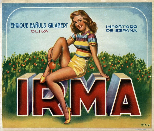 Advertising image 'Irma'for oranges from Valencia in Spain, 1950