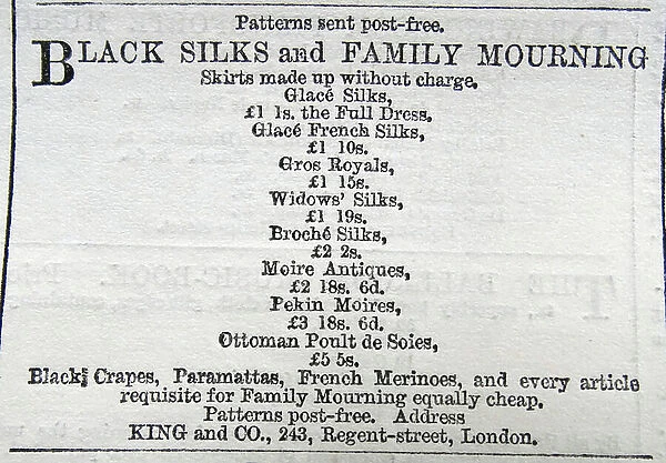 Advertisement for mourning clothing, 1860