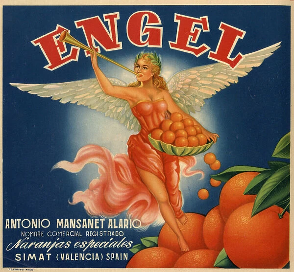 Advertising for oranges, image of a winged woman. Advertising poster, Valencia, 1940