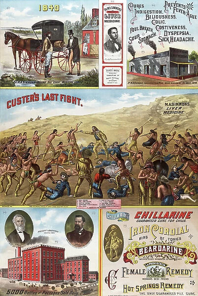 Advertisement for a patent medicine with a battle scene titled 'Custer's last fight', 1880