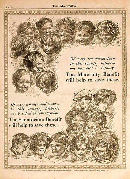 Advertisement promoting benefits paid for by National Insurance introduced by Liberal Chancellor of the Exchequer David Lloyd George (litho)