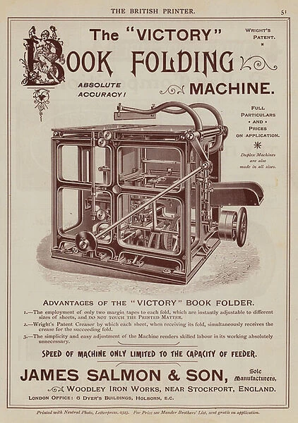 Advertisement for the Victory Book Folding Machine, James Salmon and Son (colour litho)