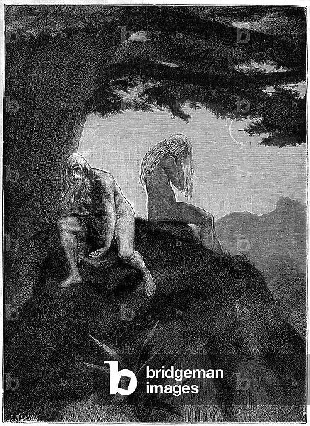 Adam and Eve. Drawing graves by Meaulle, illustrating the poem by Victor Hugo 'Les misheureux', in the collection ' Les contemplations', edition Paul Ollendorff, beginning 20th century