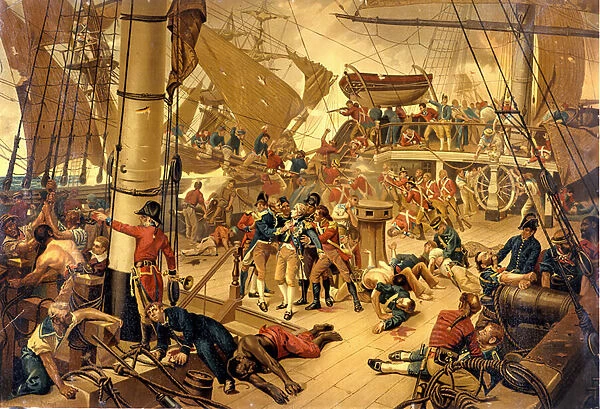 Admiral Nelson grievously wounds on Victory Bridge during the Battle of Trafalgar