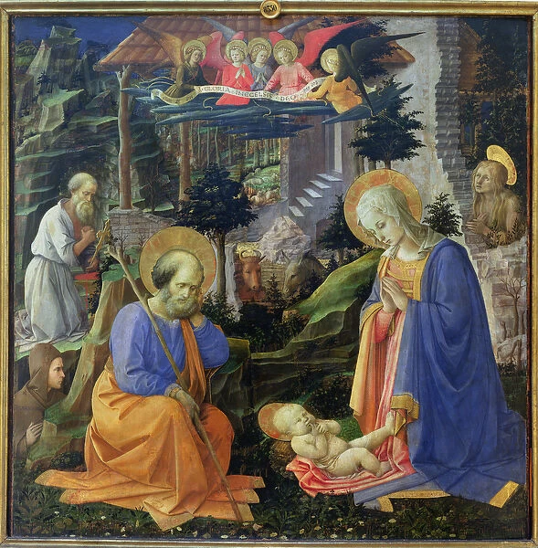 Adoration of the Child with SS. Hilary, Jerome, Mary Magdalene and Angels (tempera