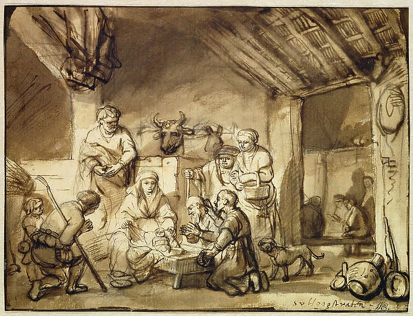 The Adoration of the Shepherds (pen and ink wash over black chalk on paper)