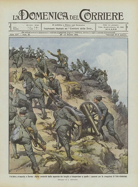 Another advance in Derna, Alpine troops forced by the roughness of the places to carry on their shoulders... (colour litho)
