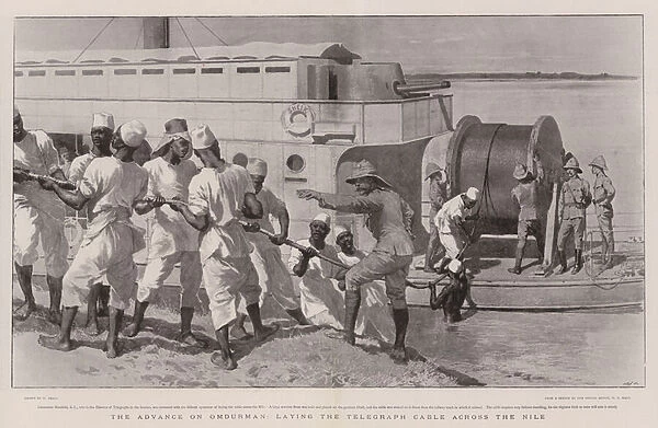 The Advance on Omdurman, laying the Telegraph Cable across the Nile (litho)