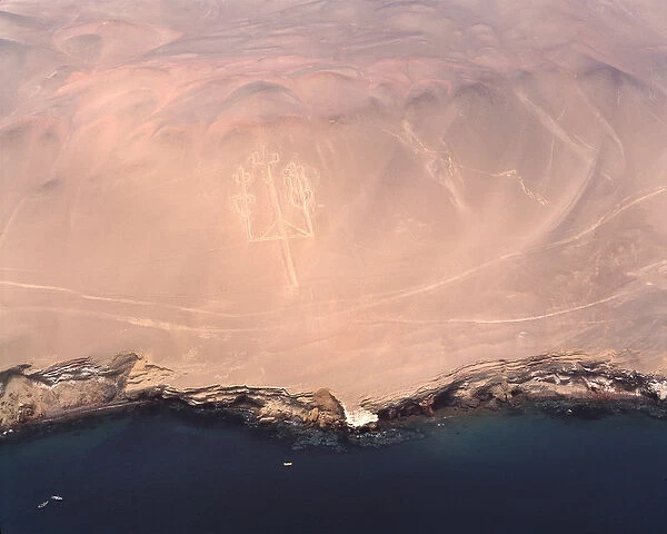 Aerial view of the Paracas Candelabra or the Candelabra of the Andes