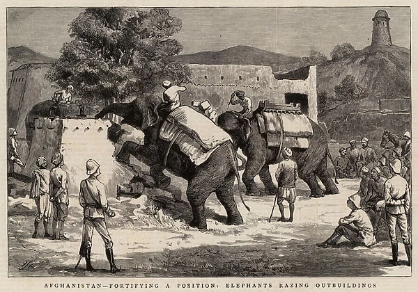 Afghanistan, fortifying a Position, Elephants razing Outbuildings (engraving)