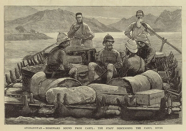 Afghanistan, Homeward Bound from Cabul, the Staff descending the Cabul River (engraving)