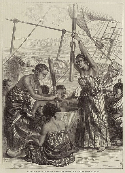 African Women husking Millet on Board HMS Lynx (engraving)