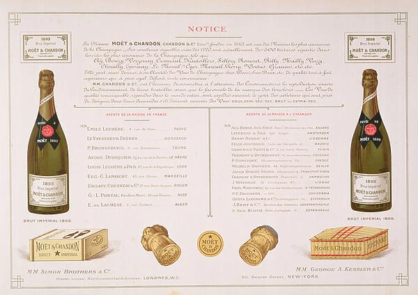 Agents worldwide and samples of packaging, from Le France Vinicole, pub. by Moet & Chandon, Epernay (colour litho)